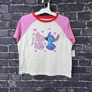 Disney XL 14 Stitch Raglan Graphic T-shirt White pink Cropped X-Large